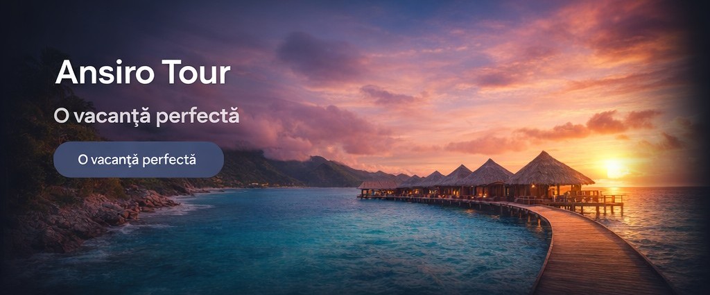 Peisaj tropical la apus, ponton spre căsuțe pe apă